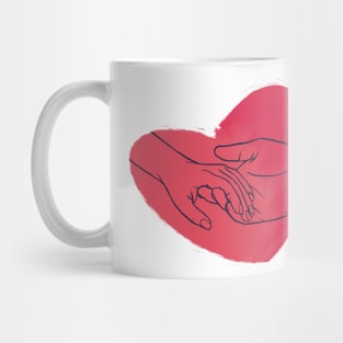 Red Heart and Two Hands in Line and Watercolor Art Mug